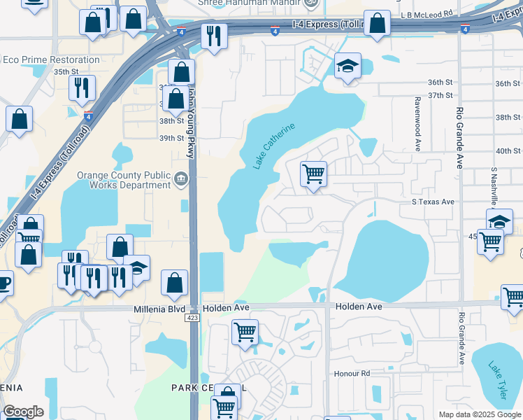 map of restaurants, bars, coffee shops, grocery stores, and more near 4320 Aqua Vista Drive in Orlando