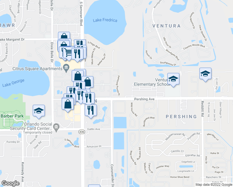 map of restaurants, bars, coffee shops, grocery stores, and more near 4252 Pershing Pointe Place in Orlando