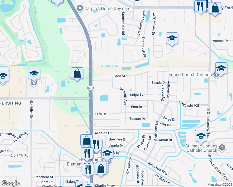 map of restaurants, bars, coffee shops, grocery stores, and more near 7620 Spoonbill Avenue in Orlando