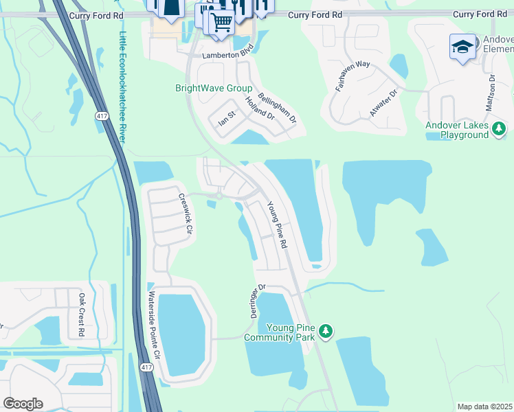 map of restaurants, bars, coffee shops, grocery stores, and more near 3363 Wilshire Way Road in Orlando