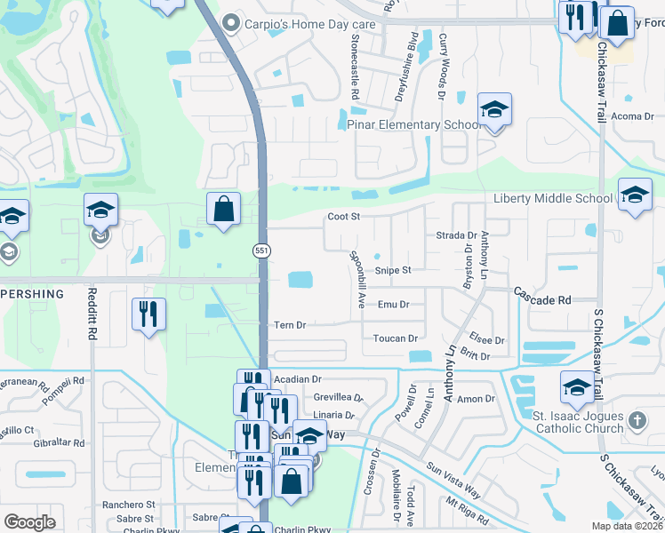 map of restaurants, bars, coffee shops, grocery stores, and more near 7620 Spoonbill Avenue in Orlando