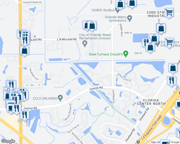 map of restaurants, bars, coffee shops, grocery stores, and more near 4937 Cason Cove Drive in Orlando