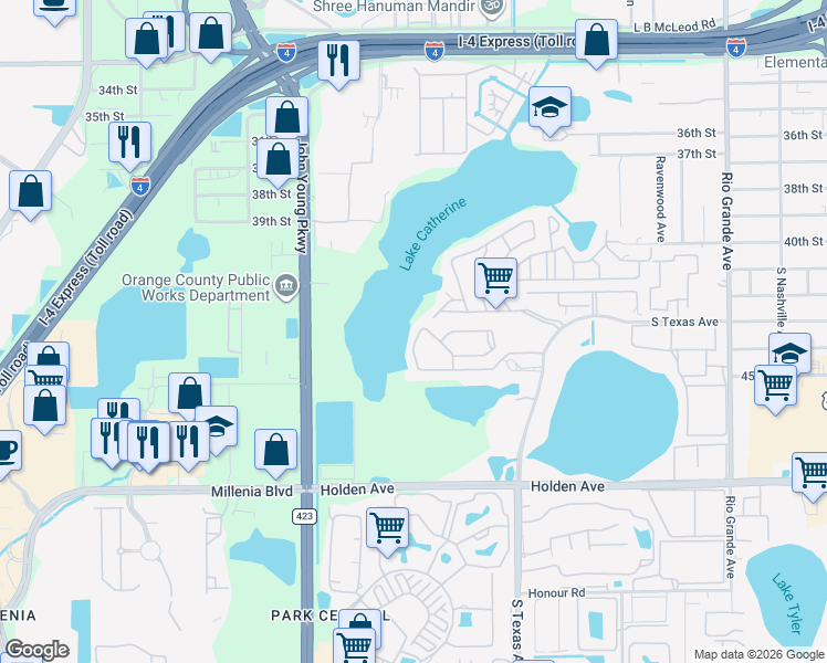 map of restaurants, bars, coffee shops, grocery stores, and more near 4320 Aqua Vista Drive in Orlando