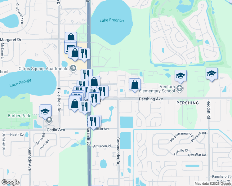 map of restaurants, bars, coffee shops, grocery stores, and more near 4252 Pershing Pointe Place in Orlando