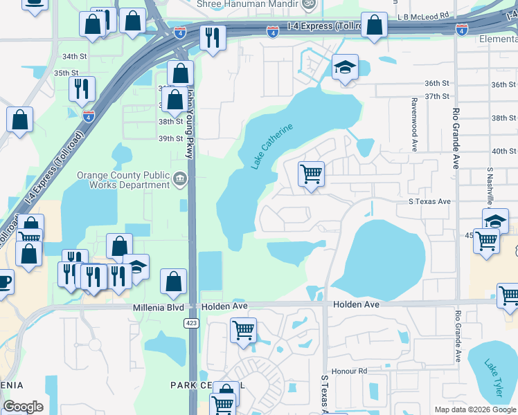 map of restaurants, bars, coffee shops, grocery stores, and more near 4320 Aqua Vista Drive in Orlando