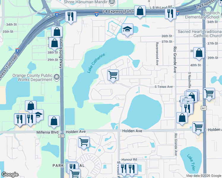 map of restaurants, bars, coffee shops, grocery stores, and more near 2616 Skan Court in Orlando