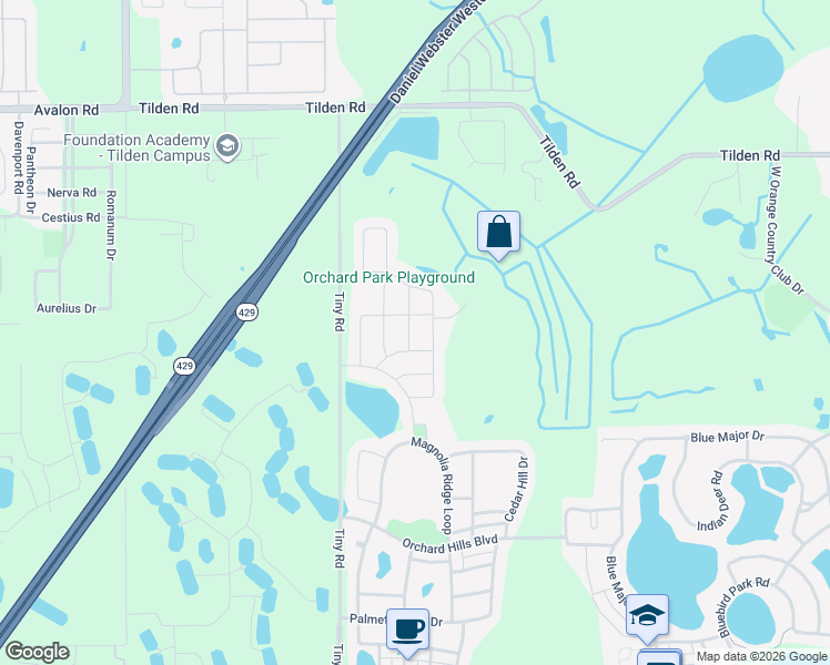 map of restaurants, bars, coffee shops, grocery stores, and more near 3061 Cherry Orchard Lane in Winter Garden