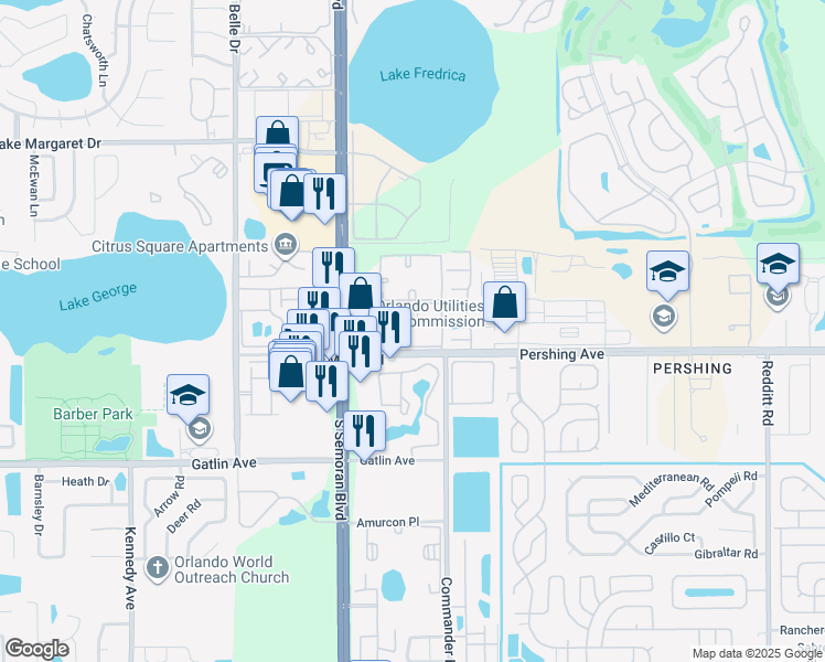 map of restaurants, bars, coffee shops, grocery stores, and more near 4403 South Semoran Boulevard in Orlando