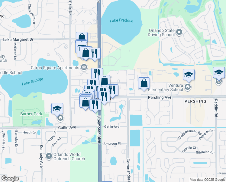 map of restaurants, bars, coffee shops, grocery stores, and more near 4473 South Semoran Boulevard in Orlando