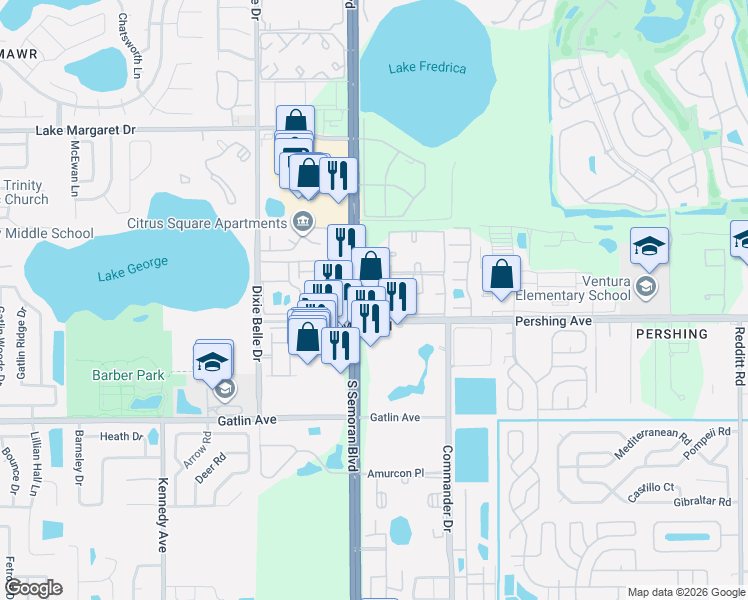map of restaurants, bars, coffee shops, grocery stores, and more near 4473 South Semoran Boulevard in Orlando
