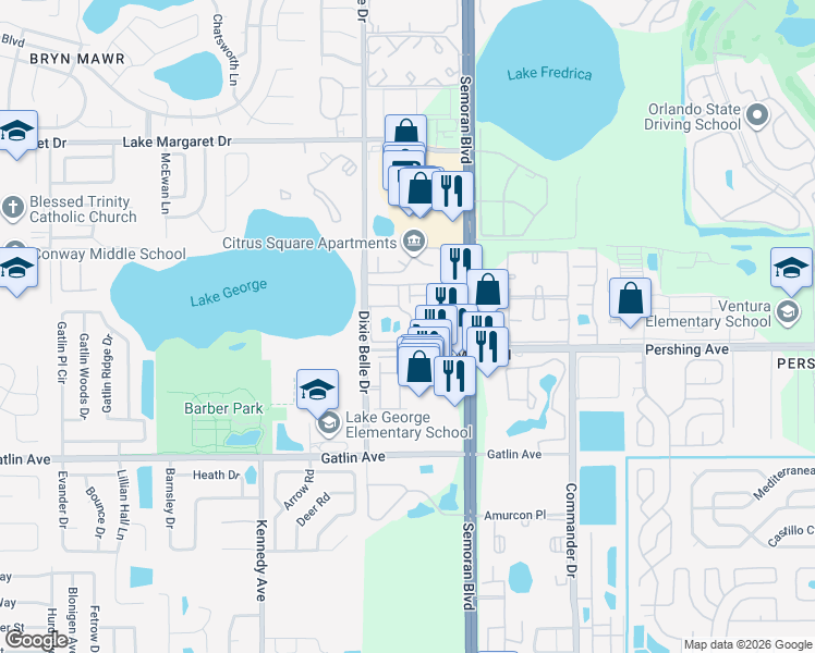 map of restaurants, bars, coffee shops, grocery stores, and more near 4350 Perkinshire Lane in Orlando