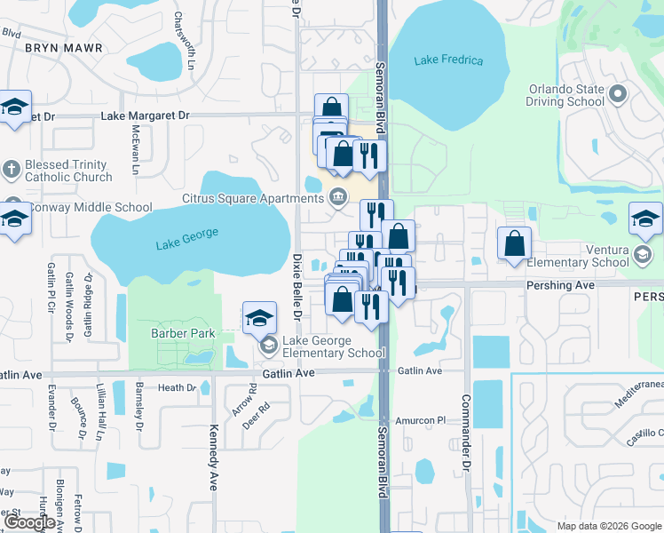 map of restaurants, bars, coffee shops, grocery stores, and more near 4350 Perkinshire Lane in Orlando