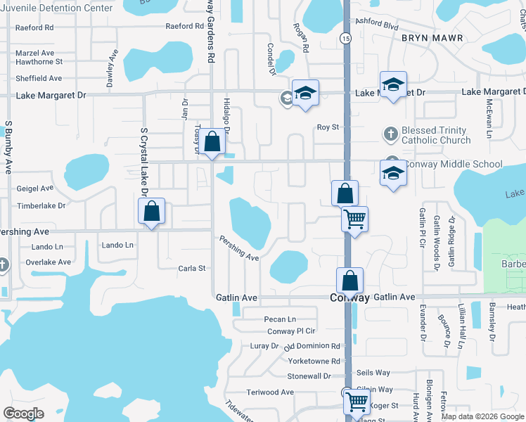 map of restaurants, bars, coffee shops, grocery stores, and more near 3616 Emerywood Lane in Orlando