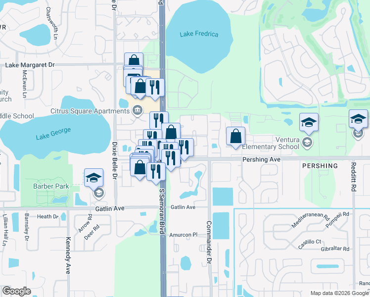 map of restaurants, bars, coffee shops, grocery stores, and more near 4401 South Semoran Boulevard in Orlando