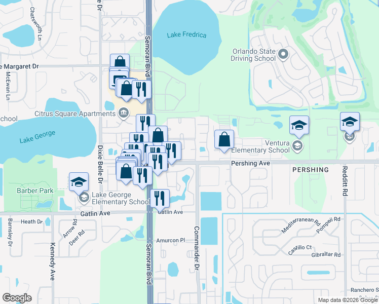 map of restaurants, bars, coffee shops, grocery stores, and more near 4405 South Semoran Boulevard in Orlando