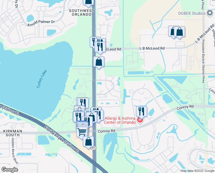 map of restaurants, bars, coffee shops, grocery stores, and more near 4277 Pinebark Avenue in Orlando