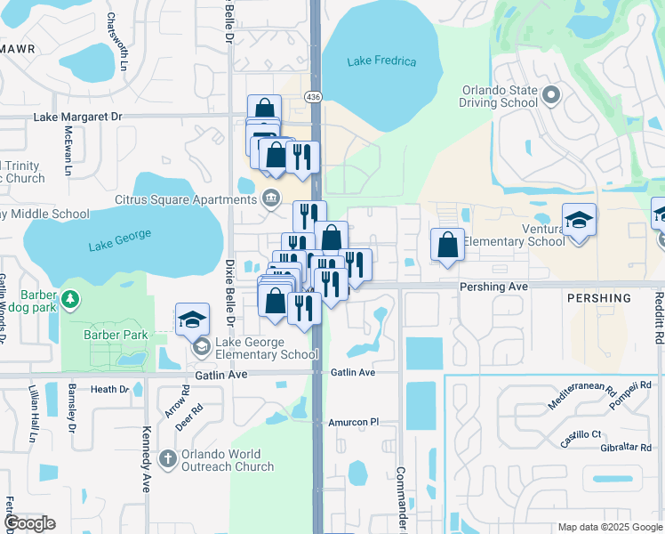 map of restaurants, bars, coffee shops, grocery stores, and more near 4473 South Semoran Boulevard in Orlando