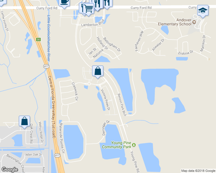 map of restaurants, bars, coffee shops, grocery stores, and more near 3379 Wilshire Way Road in Orlando
