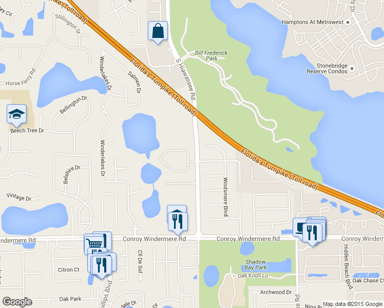 map of restaurants, bars, coffee shops, grocery stores, and more near 7408 Park Springs Circle in Orlando