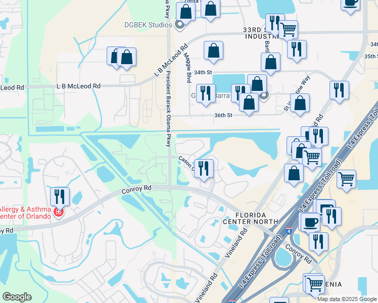 map of restaurants, bars, coffee shops, grocery stores, and more near 4713 Cason Cove Drive in Orlando