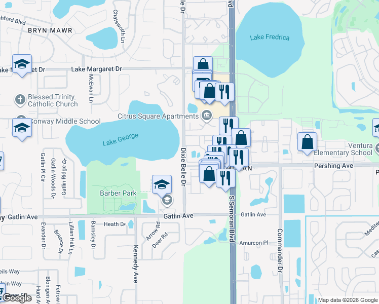 map of restaurants, bars, coffee shops, grocery stores, and more near 5530 Chrishire Way in Orlando