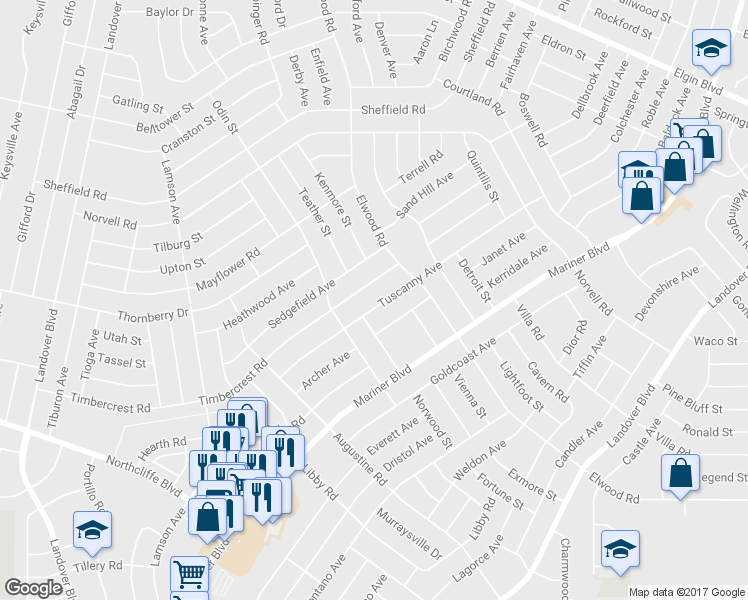 map of restaurants, bars, coffee shops, grocery stores, and more near 11305 Tuscanny Avenue in Spring Hill