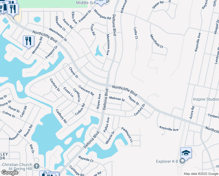 map of restaurants, bars, coffee shops, grocery stores, and more near 9496 Northcliffe Boulevard in Spring Hill