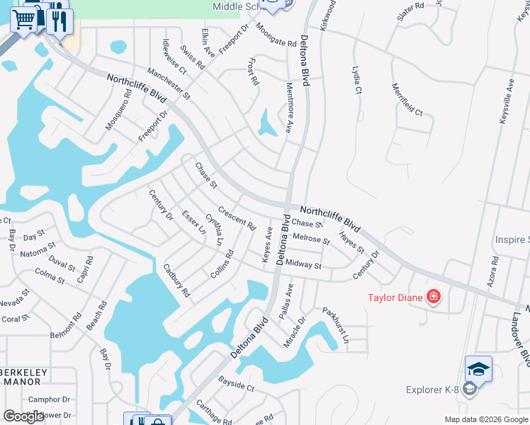 map of restaurants, bars, coffee shops, grocery stores, and more near 9361 Chase Street in Spring Hill