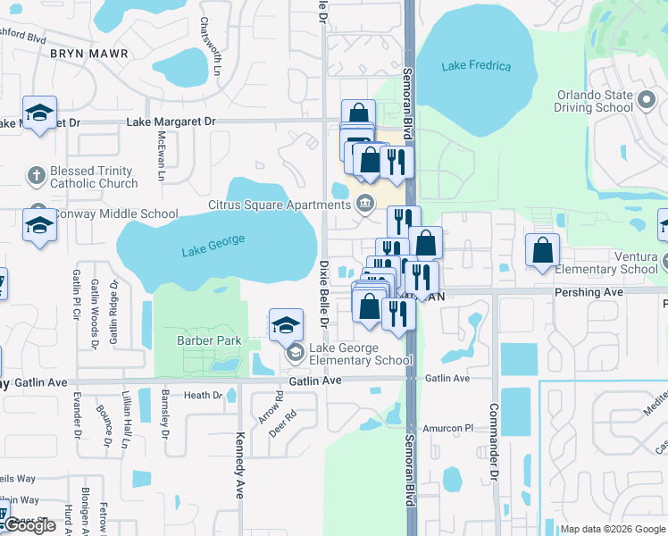 map of restaurants, bars, coffee shops, grocery stores, and more near 5530 Chrishire Way in Orlando