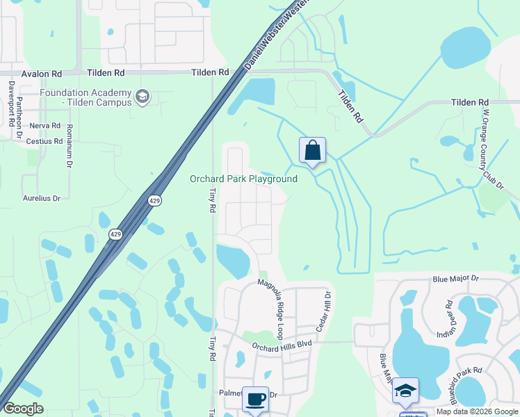 map of restaurants, bars, coffee shops, grocery stores, and more near 3061 Cherry Orchard Lane in Winter Garden
