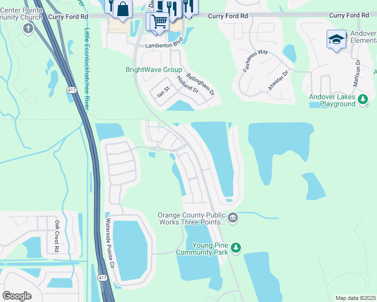 map of restaurants, bars, coffee shops, grocery stores, and more near 3363 Wilshire Way Road in Orlando