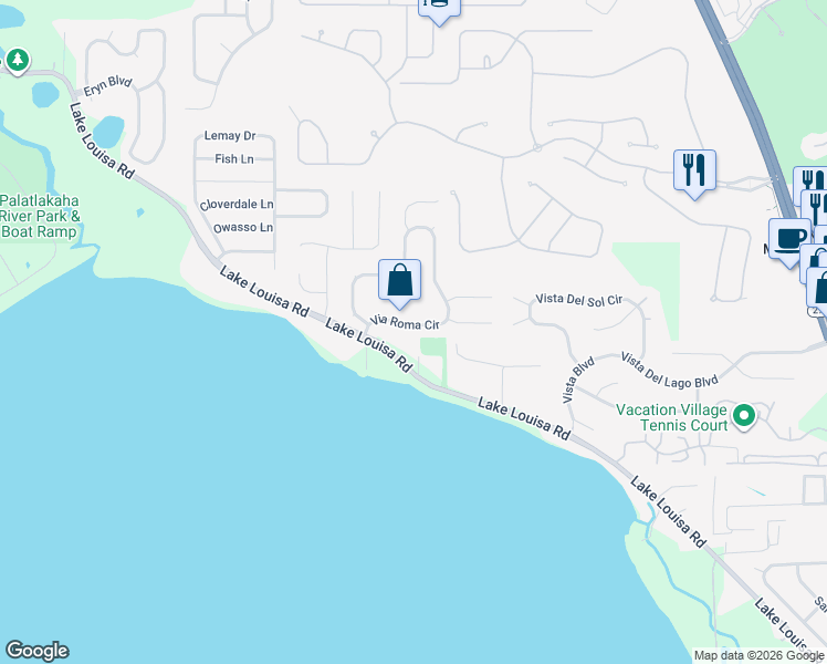 map of restaurants, bars, coffee shops, grocery stores, and more near 13732 Via Roma Circle in Clermont