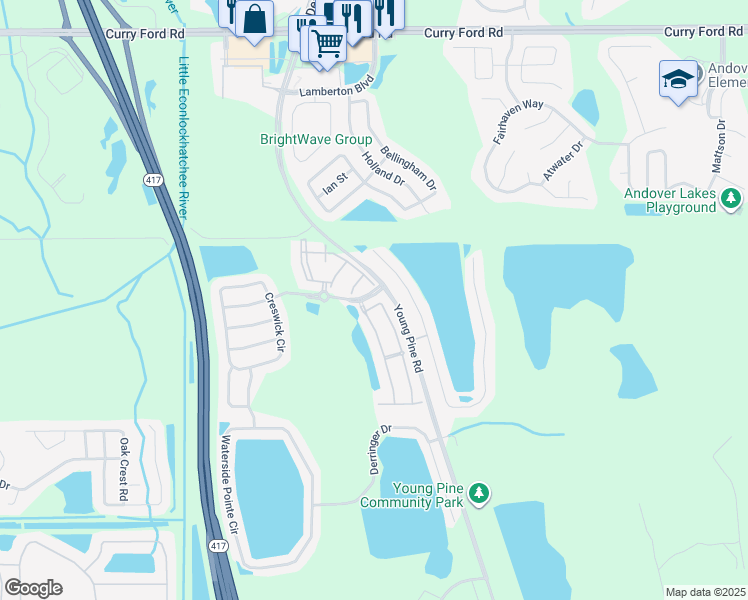 map of restaurants, bars, coffee shops, grocery stores, and more near 3363 Wilshire Way Road in Orlando