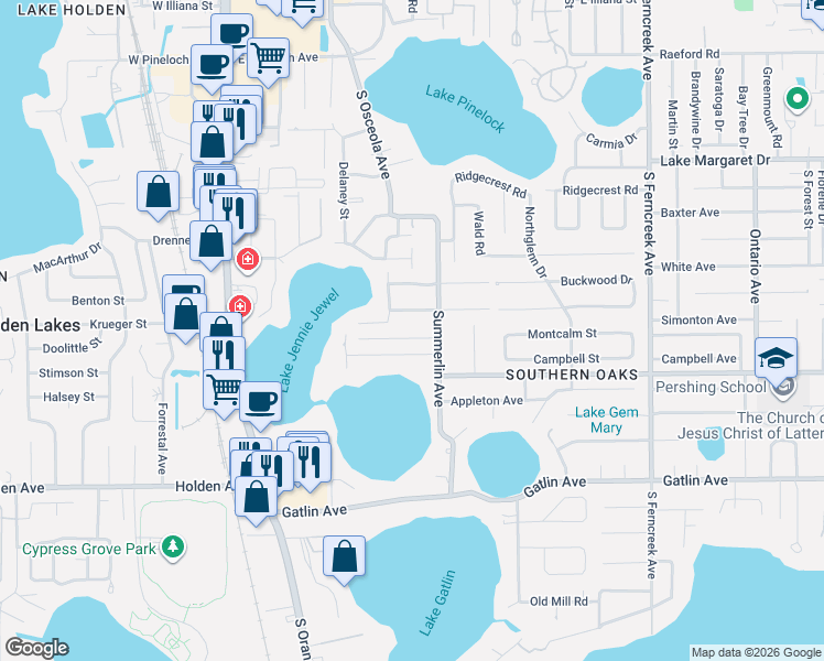 map of restaurants, bars, coffee shops, grocery stores, and more near 721 Albertson Place in Orlando