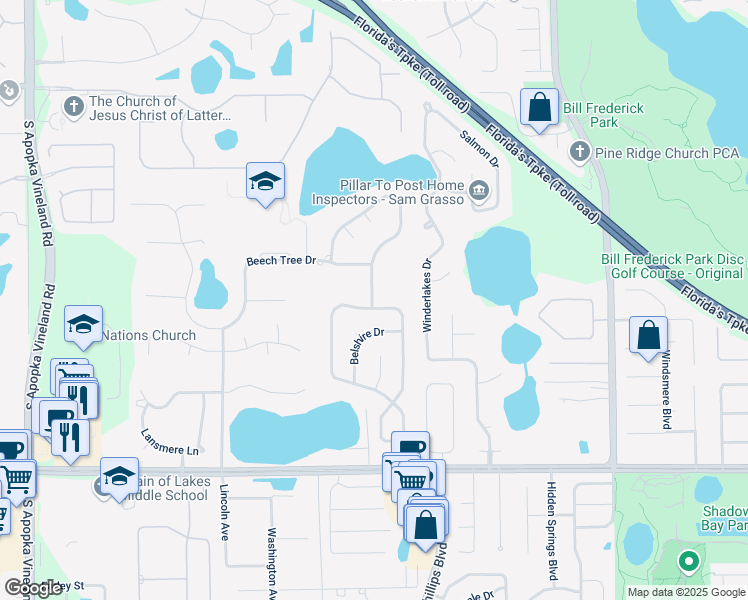 map of restaurants, bars, coffee shops, grocery stores, and more near 3625 Bellington Drive in Orlando