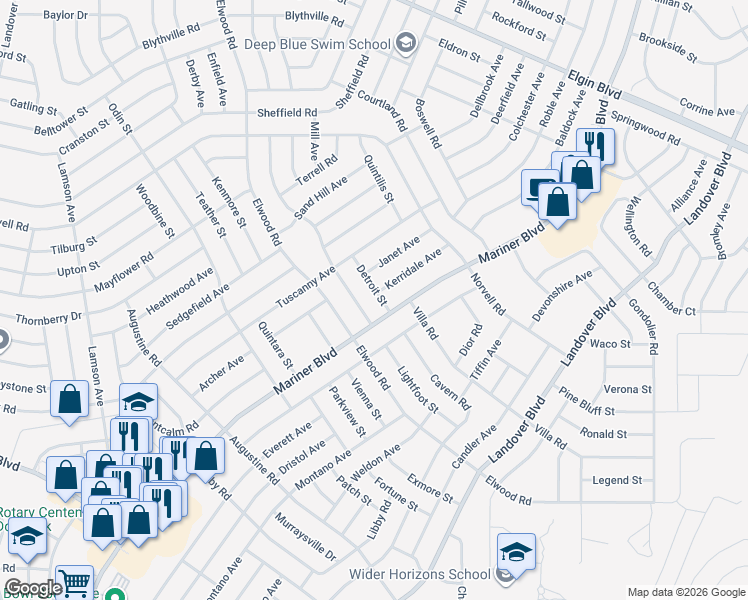 map of restaurants, bars, coffee shops, grocery stores, and more near 4459 Detroit Street in Spring Hill