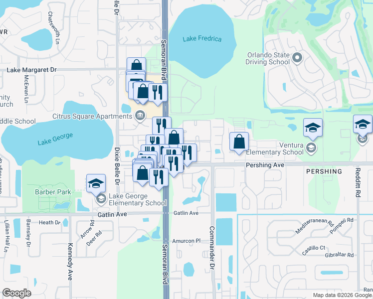 map of restaurants, bars, coffee shops, grocery stores, and more near 4473 South Semoran Boulevard in Orlando