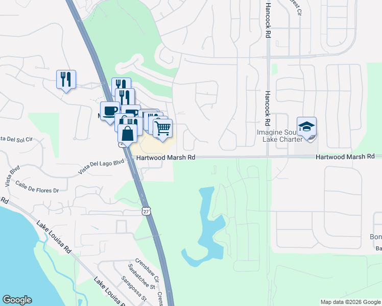 map of restaurants, bars, coffee shops, grocery stores, and more near 4386 Sambourne Street in Clermont