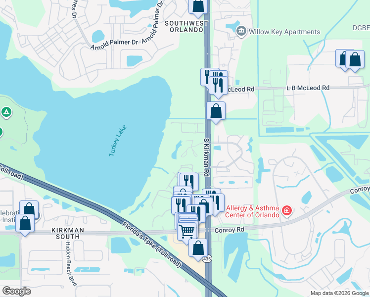 map of restaurants, bars, coffee shops, grocery stores, and more near 4150 South Kirkman Road in Orlando
