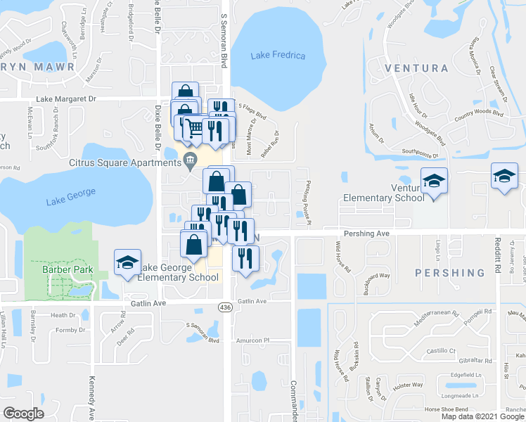map of restaurants, bars, coffee shops, grocery stores, and more near 4403 South Semoran Boulevard in Orlando