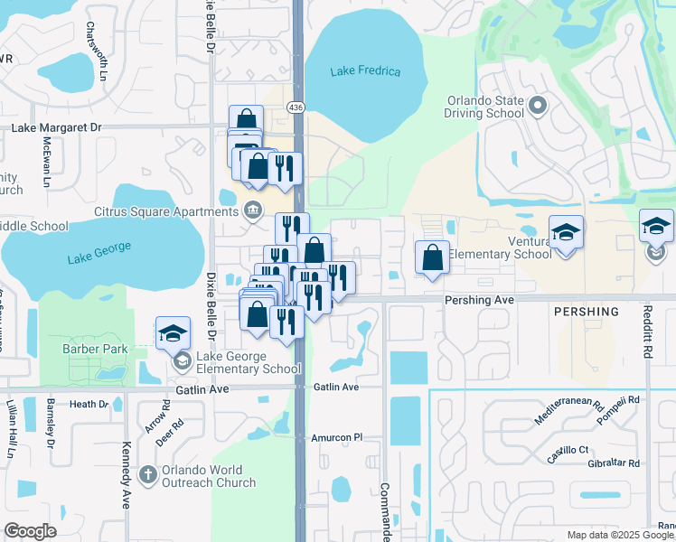 map of restaurants, bars, coffee shops, grocery stores, and more near 4473 South Semoran Boulevard in Orlando