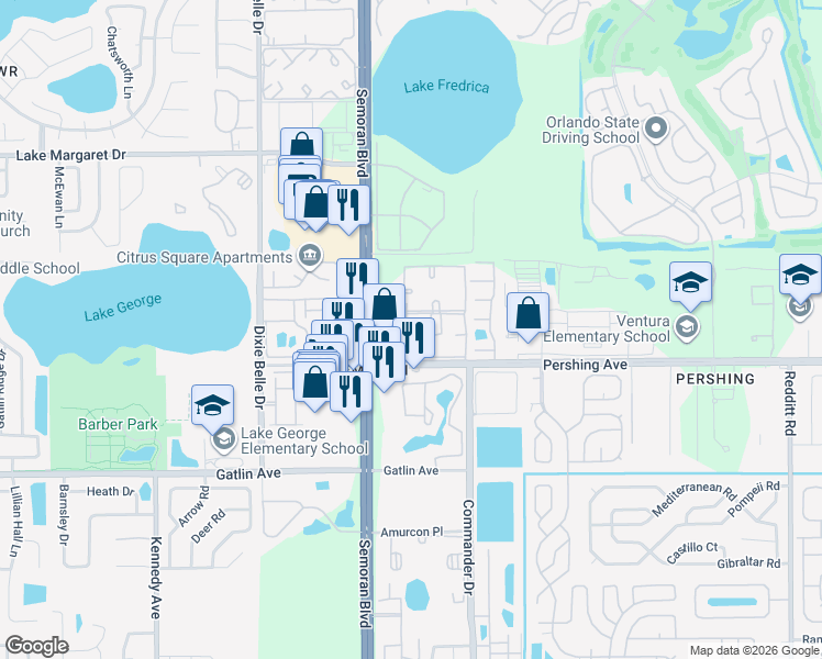 map of restaurants, bars, coffee shops, grocery stores, and more near 4473 South Semoran Boulevard in Orlando