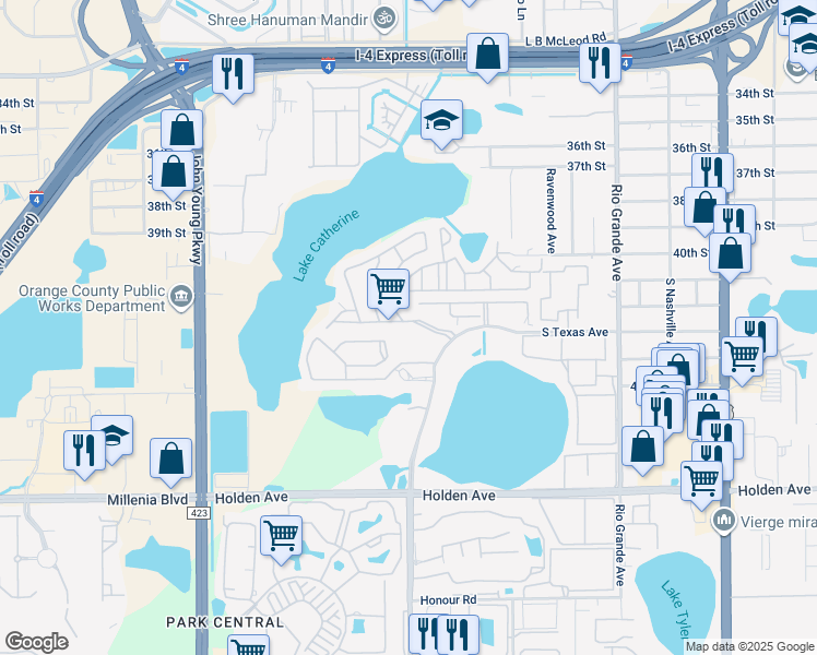 map of restaurants, bars, coffee shops, grocery stores, and more near 2414 Skan Court in Orlando