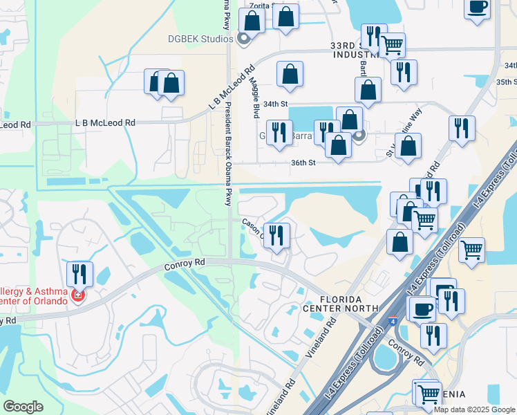 map of restaurants, bars, coffee shops, grocery stores, and more near 4713 Cason Cove Drive in Orlando