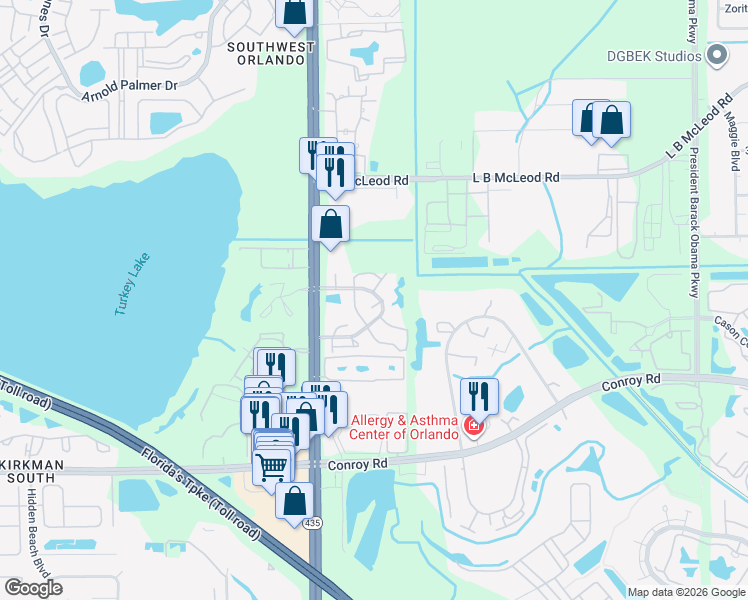 map of restaurants, bars, coffee shops, grocery stores, and more near 5563 Slash Pine Court in Orlando