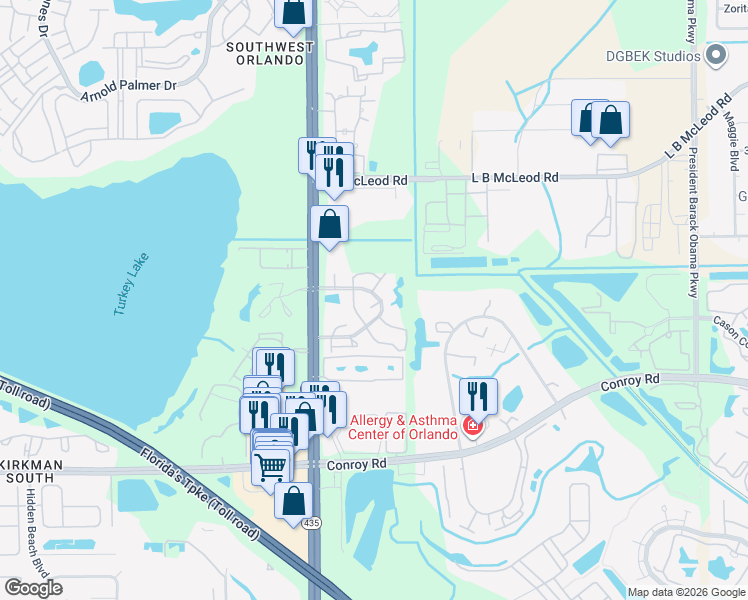 map of restaurants, bars, coffee shops, grocery stores, and more near 5563 Slash Pine Court in Orlando