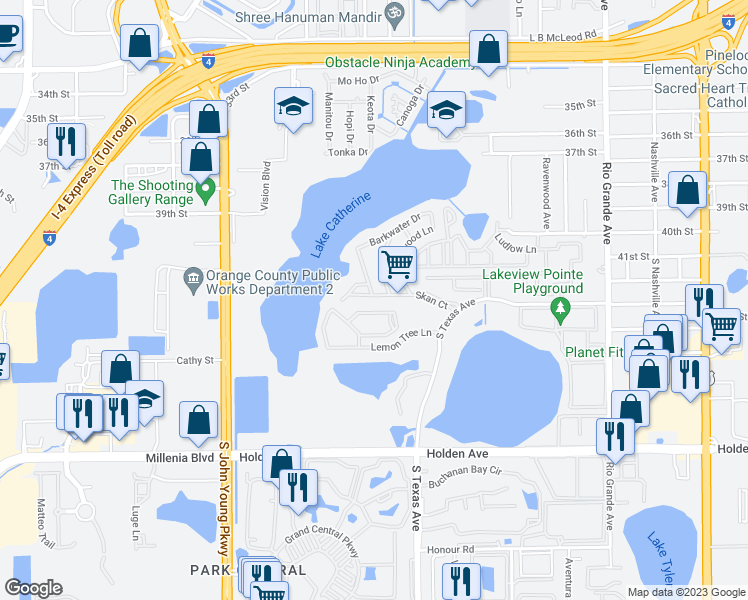 map of restaurants, bars, coffee shops, grocery stores, and more near 2616 Skan Court in Orlando