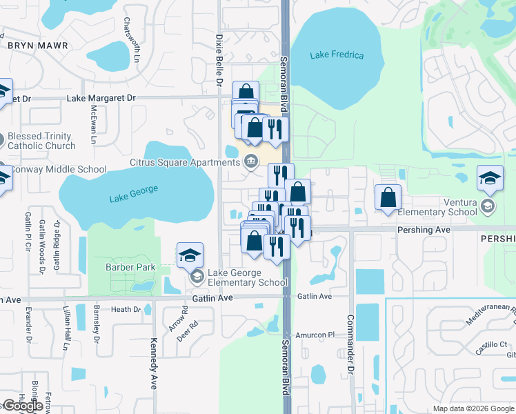 map of restaurants, bars, coffee shops, grocery stores, and more near 4350 Perkinshire Lane in Orlando