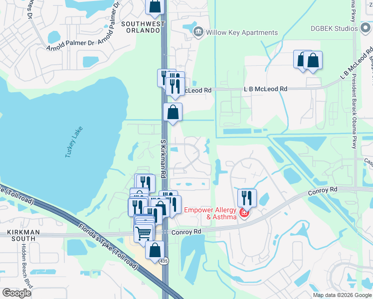 map of restaurants, bars, coffee shops, grocery stores, and more near 4277 Pinebark Avenue in Orlando