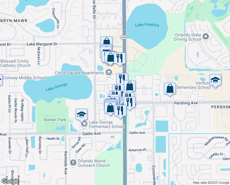 map of restaurants, bars, coffee shops, grocery stores, and more near 4350 Perkinshire Lane in Orlando